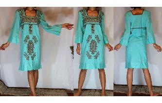 Vtg 60's MEXICAN EMBROIDER BELL SLV TUNIC DRESS M5 Image