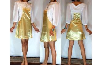 Vtg GOLD SATIN CHIFFON EMBROID VICTORIAN DRESS U30 Image