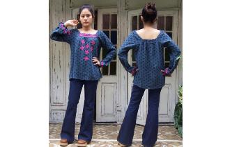 ETHNIC VINTAGE STICH TRAPEZE SMOCK BOHO BROUSE TOP Image
