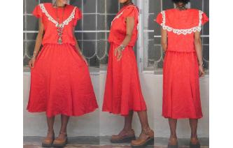 vintage shinny red cream lace trim day tea dress Image
