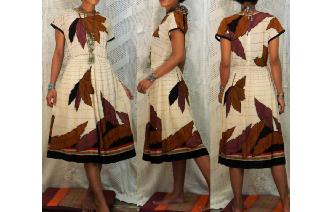 vintage 80's cream brown maple leaf pleated dress Image
