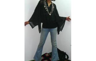 VTG BLACK LACE PLEATED BATWING BLOUSE TOP FZ T46 Image