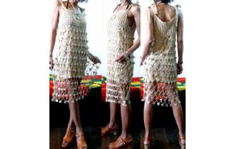 VTG BEIGE FLAPPER TIES SHOULDERS CUTOUT DRESS F16 Image