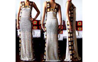 Vtg ETHNIC HANDS CROCHET NUDE LONG MAXI DRESS F1 Image