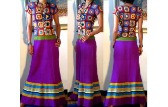 Vtg ETHNIC COLORFUL CROCHET NUDE HIPPIE MAXI DRESS Image