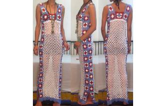 vintage 70's CROCHET NUDE HIPPIE SHEERS MAXI DRESS Image