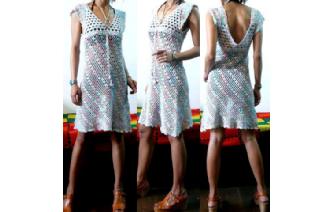 Vtg SHEER CUTOUT CROCHET TIEDYE NUDE MINI DRESS F2 Image