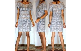 BOHO Vtg 70's HANDS CROCHET HIPPIE MINI DRESS F10 Image