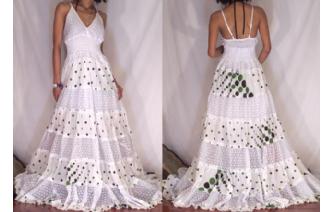 Vtg 40's LONG LACE POLKA DOT EMPIRE BOHO DRESS G9 Image