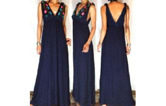 Vtg DARK BLUE MEXICAN EMBROID DEEP V MAXI DRESS M3 Image