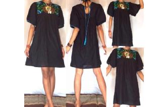 Vtg BLACK MEXICAN EMBROIDERED SMOCK TUNIC DRESS M7 Image