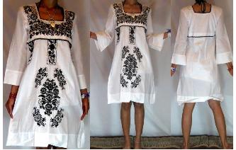 Vtg 60's MEXICAN EMBROIDE BELL SLV TUNIC DRESS M11 Image