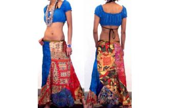 GYPSY BOHO Vtg SILK PANELE PATCH HIPPIE SKIRT Z17 Image