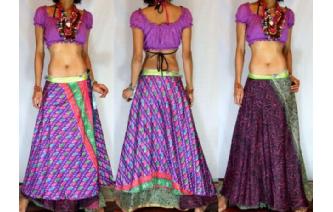 BOHO Vtg RETRO 2LAYER SILK WRAP HIPPIE SKIRT Z22 Image