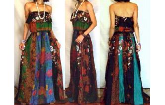 Vtg ETHNIC PANELED STRAPLESS GOTH MAXI DRESS O59 Image