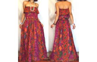 Vtg ETHNIC PANELED STRAPLESS GOTH MAXI DRESS O60 Image