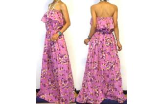 Vtg ETHNIC LILAC FLOWERS STRAPLESS MAXI DRESS O74 Image