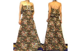 Vtg ETHNIC MULTI PRINT STRAPLESS MAXI DRESS O75 Image