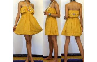 Vtg EMBROIDERY STRAPLESS RUFFLED MINI DRESS O76 Image