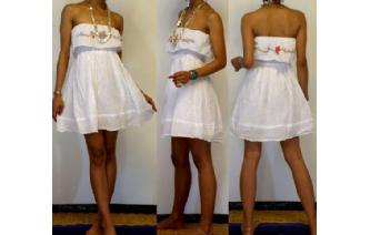 Vtg EMBROIDERY STRAPLESS RUFFLED MINI DRESS O77 Image