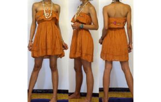Vtg EMBROIDERY STRAPLESS RUFFLED MINI DRESS O78 Image