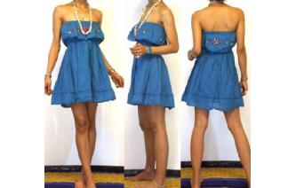 Vtg EMBROIDERY STRAPLESS RUFFLED MINI DRESS O79 Image