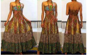 STRAPLESS EMBROIDERED VTG CRISTAL MAXI DRESS O90 Image