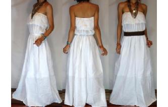 BOHO Vtg WHITE STRAPLESS RUFFLE MAXI SUN DRESS O33 Image