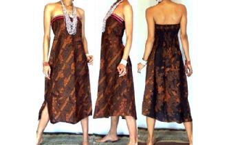 VTG BATIK HEMP STRAPLESS BOHO DAY SUN DRESS O48 Image