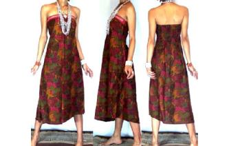 VTG BATIK HEMP STRAPLESS BOHO DAY SUN DRESS O49 Image