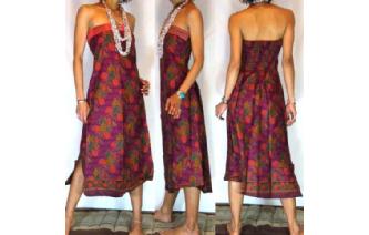 VTG BATIK HEMP STRAPLESS BOHO DAY SUN DRESS O55 Image