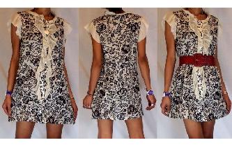 BLACK CREAM COTTON CHIFFON RUFFLED MINI DRESS U35 Image