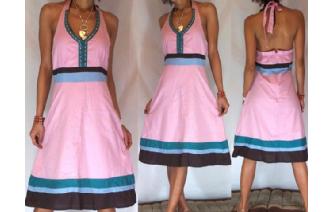 Vtg 50's DUSTY PINK SEQUIN HALTER PARTY DRESS U6 Image