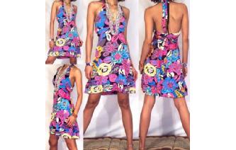 BOHO Vtg 80's FLORAL BOW HALTER MINI DAY DRESS U8 Image