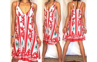 BOHO HIPPY Vtg WHITE RED V NECK HIPPIE DRESS U10 Image
