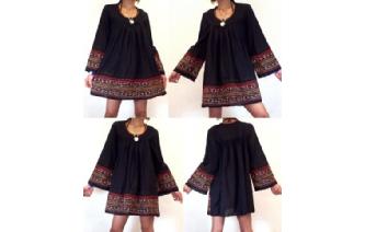 WICCA Vtg GOTH EMBROI LONG BELL SLV MINI DRESS U27 Image