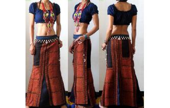 ETHNIC Vtg HEMP EMBROIDERED PANELE SARONG SKIRT Y3 Image