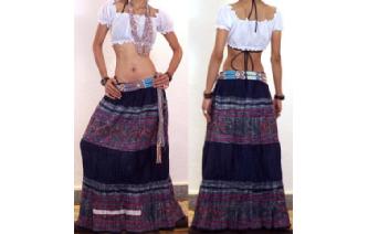 ETHNIC Vtg HAND PRINT HEMP EMBROIDE HIPPY SKIRT Y9 Image