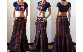 ETHNIC Vtg HEMP EMBROI PANELE WRAP HIPPY SKIRT Y12 Image