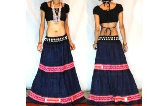ETHNIC VTG BATIK COTTON+HEMP EMBROIDERED SKIRT Y13 Image