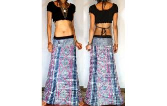 ETHNIC Vtg HAND PRINT HEMP WRAP SARONG SKIRT Y14 Image