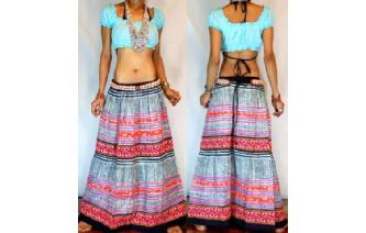 ETHNIC Vtg HAND PRINT HEMP EMBROID HIPPY SKIRT Y17 Image