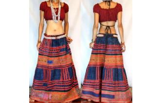 ETHNIC Vtg BATIK HEMP EMBROIDE HIPPIE SKIRT 14 Y18 Image