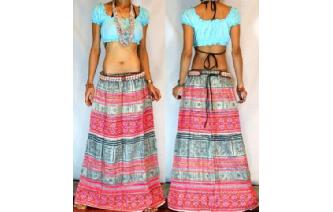 ETHNIC Vtg BATIK HEMP EMBROIDERED HIPPIE SKIRT Y19 Image