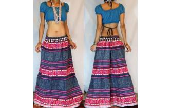 ETHNIC Vtg BATIK HEMP EMBROIDERED HIPPIE SKIRT Y20 Image