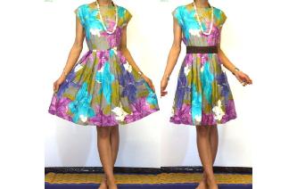 Vtg 60'S DWAPARIS FLORALS PLEATED PARTY DRESS S V4 Image