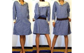 VTG 80's DENIM SAILOR COLLAR LONG SLV MINI DRESS Image