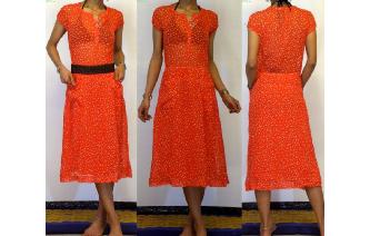 VTG RED CREM BLUE SPOTTY DOT PUFF SLV DAY DRESS E1 Image