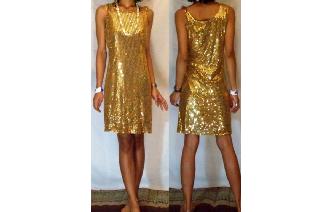 Vtg 80's GOLD SEQUINS NYLON EVENNING MINI DRESS E3 Image
