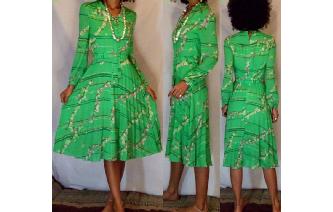 Vtg 80'S SECRETARY CHIFFON PLEATED LONG SLV DRESS Image